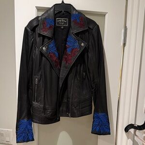 Lucky Brand Black Leather Jacket with Blue and burgundy  Embroidery